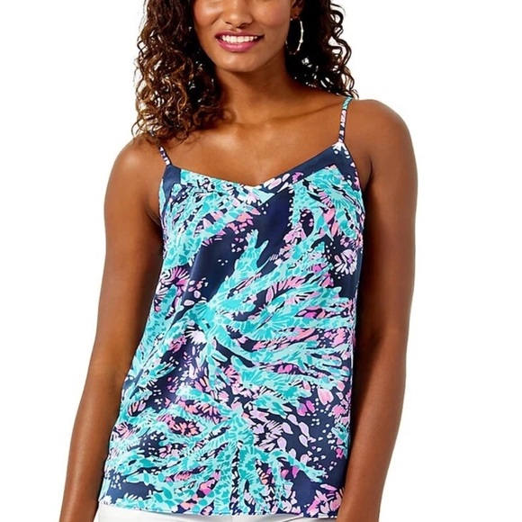 Lilly Pulitzer MARGAERY CAMI High Tide Navy Coral Club Pink Top Size S - Picture 1 of 11
